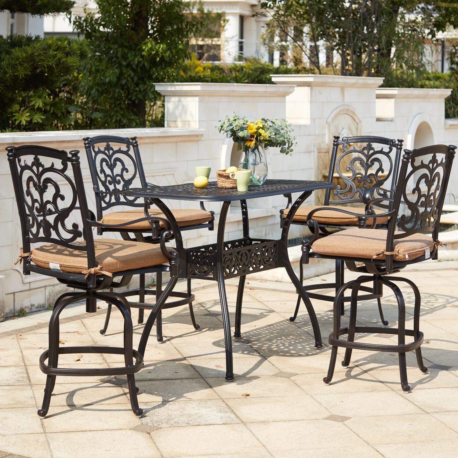 Santa Barbara 5 Pc Cast Aluminum Counter Height Bar Set w/ 52 X 26 Inch Series 60 Table in Antique Bronze/Sesame by Darlee