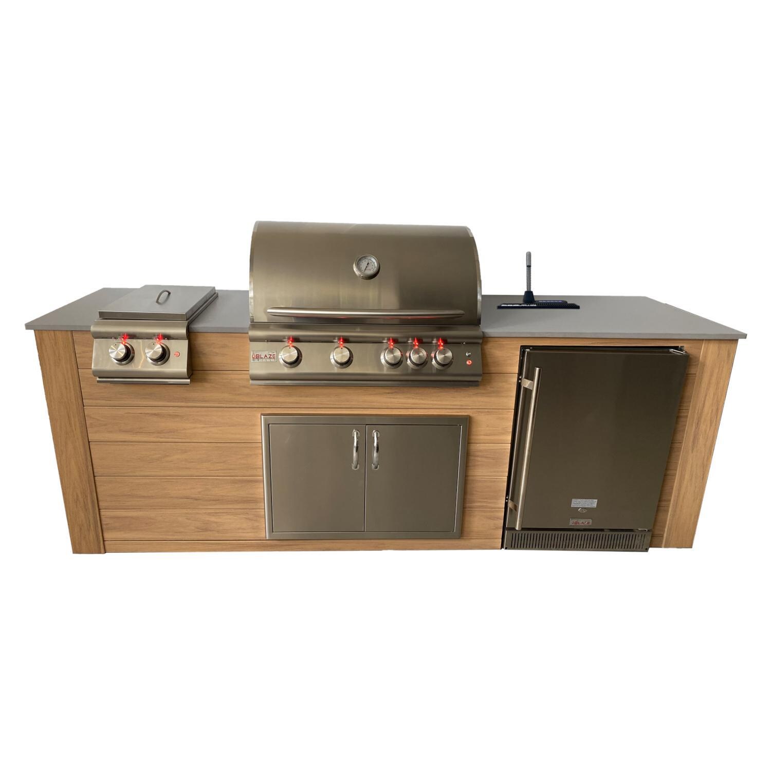 Pro-Fit 8-Foot Outdoor Kitchen Island W/ Blaze Premium LTE 32-Inch Propane Gas Grill, Double Side Burner, Refrigerator & Beverage Dispenser - Golden Cypress / Grigio Cemento Satin image