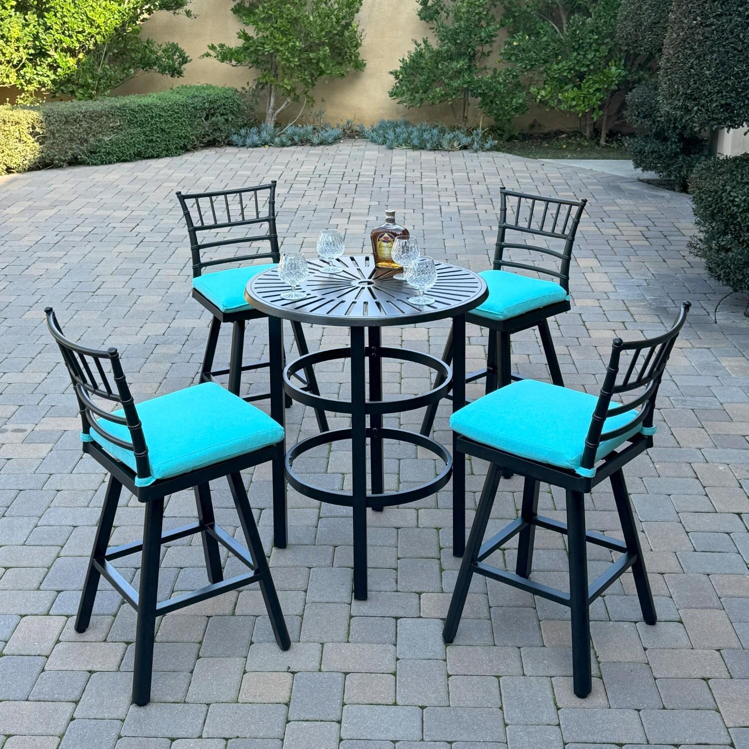 Bella 4 Pc Aluminum Swivel Counter Height Bar Stool Set in Blue/Dark Brown by Darlee - Shown w/ Table (Not Included) - Lifestyle thumbnail