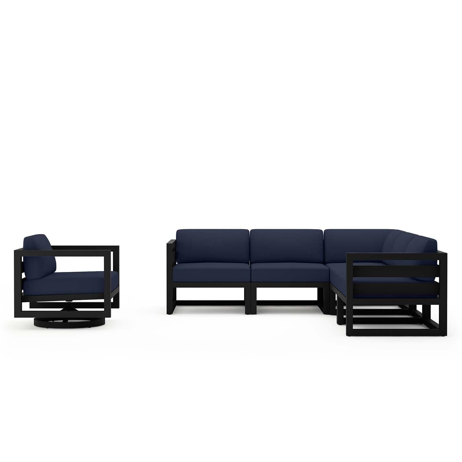 Misty Cove 6 Pc Aluminum Sectional Seating Set w/ Swivel Chairs in Black/Spectrum Indigo by Lakeview Outdoor Designs - Front View - White Background thumbnail