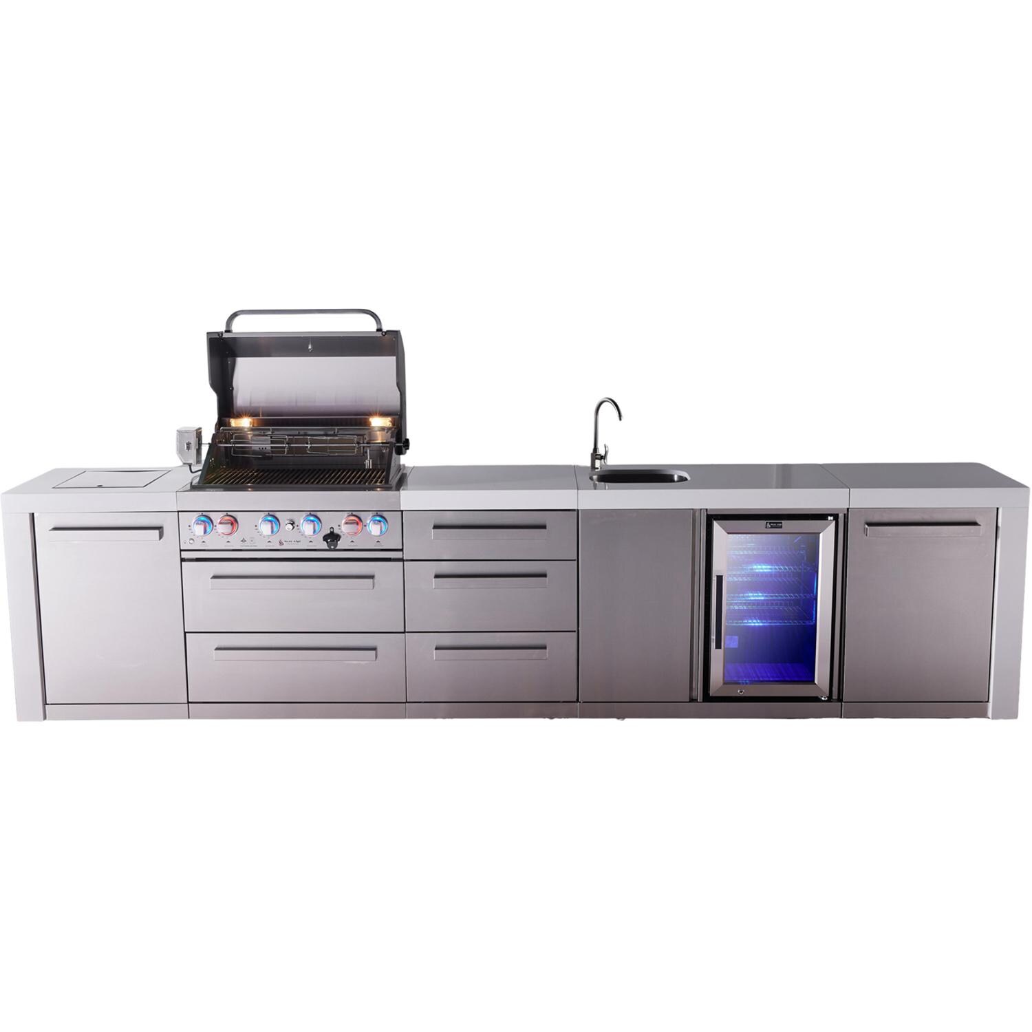 Mont Alpi Deluxe Series 12 Ft Natural Gas Outdoor Kitchen Island w/ 32-in Grill, Side Burner, Beverage Center & Triple Drawer (Ships Propane w/ Conversion Kit) - Grill Open - White Background thumbnail