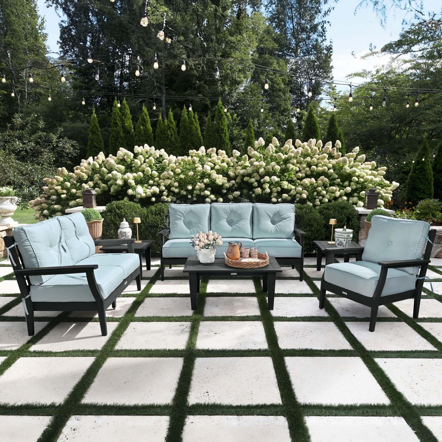 Blushing Bay 6 Pc Recycled Plastic Grand Seating Set in Bliss Dew/Black by Lakeview Outdoor Designs