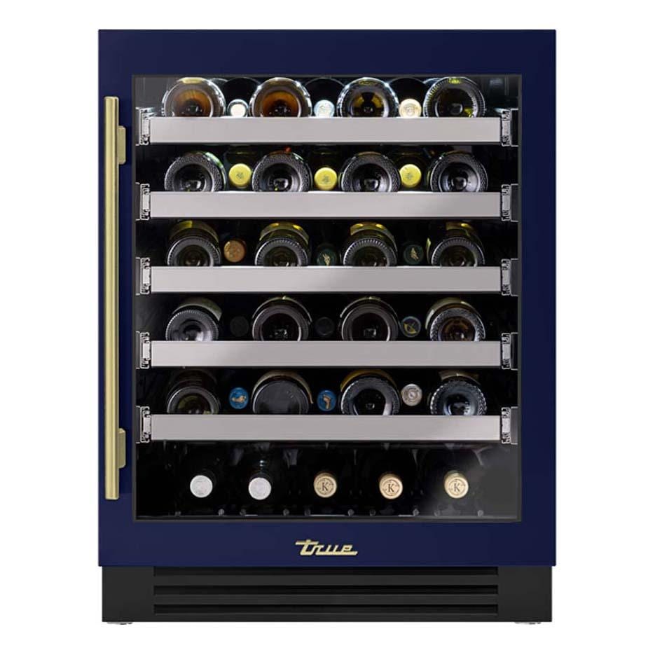 True TUWADA-24-RG-A~078-H01 ADA Height 24 Inch 40 Bottle Right Hinge Glass Door Outdoor Wine Cabinet - Cobalt w/ Brass Handle - White Background thumbnail