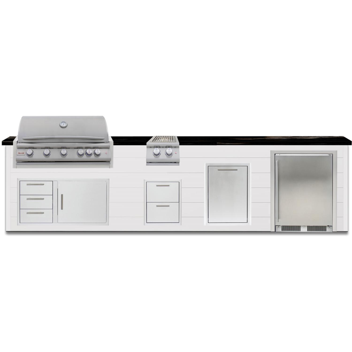 BBQGuys Signature 12 Ft Outdoor Kitchen Island w/ 40-in Natural Gas Blaze LTE+ Grill, Double Side Burner, Refrigerator & Double Trash Bin | Crystal White w/ Nero Mist Granite