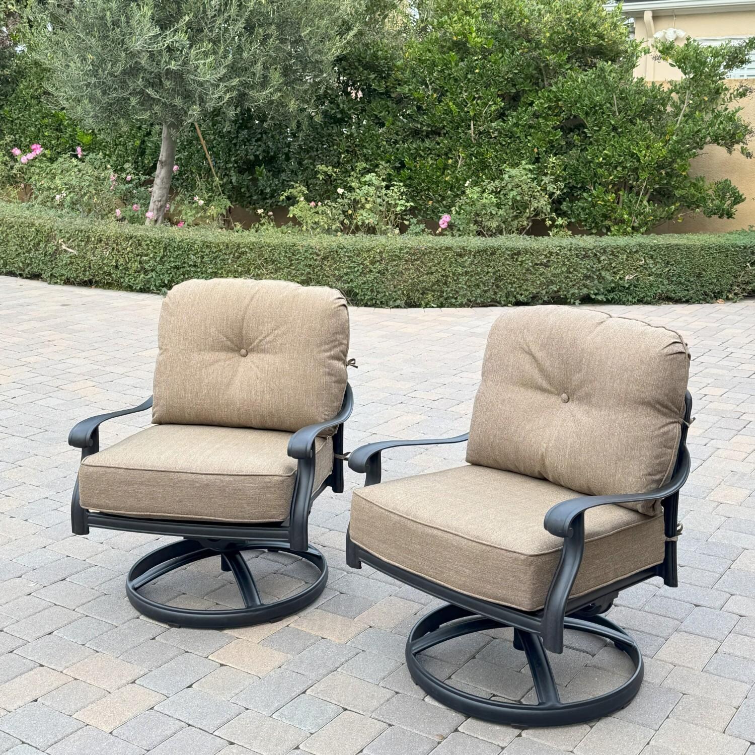 Elisabeth 6 Pc Set Cast Aluminum Seating Set w/ 49 X 35 Inch Fire Pit Table w/ 2 Chairs and 2 Ottomans in Sesame/Antique Bronze by Darlee - Chairs w/ Cushions - Lifestyle thumbnail