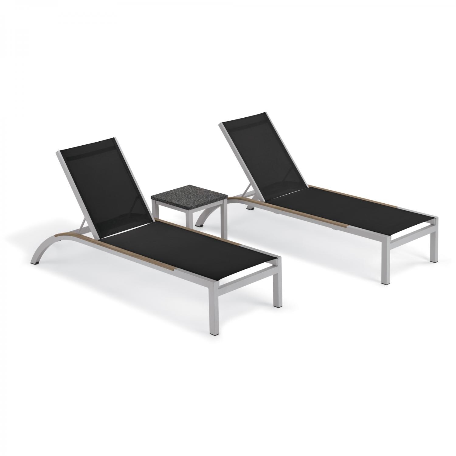 Argento 3 Piece Aluminum Patio Chaise Lounge Set W/ Tekwood Vintage Side Rails & Lite-Core Charcoal End Table By Oxford Garden - Black Sling