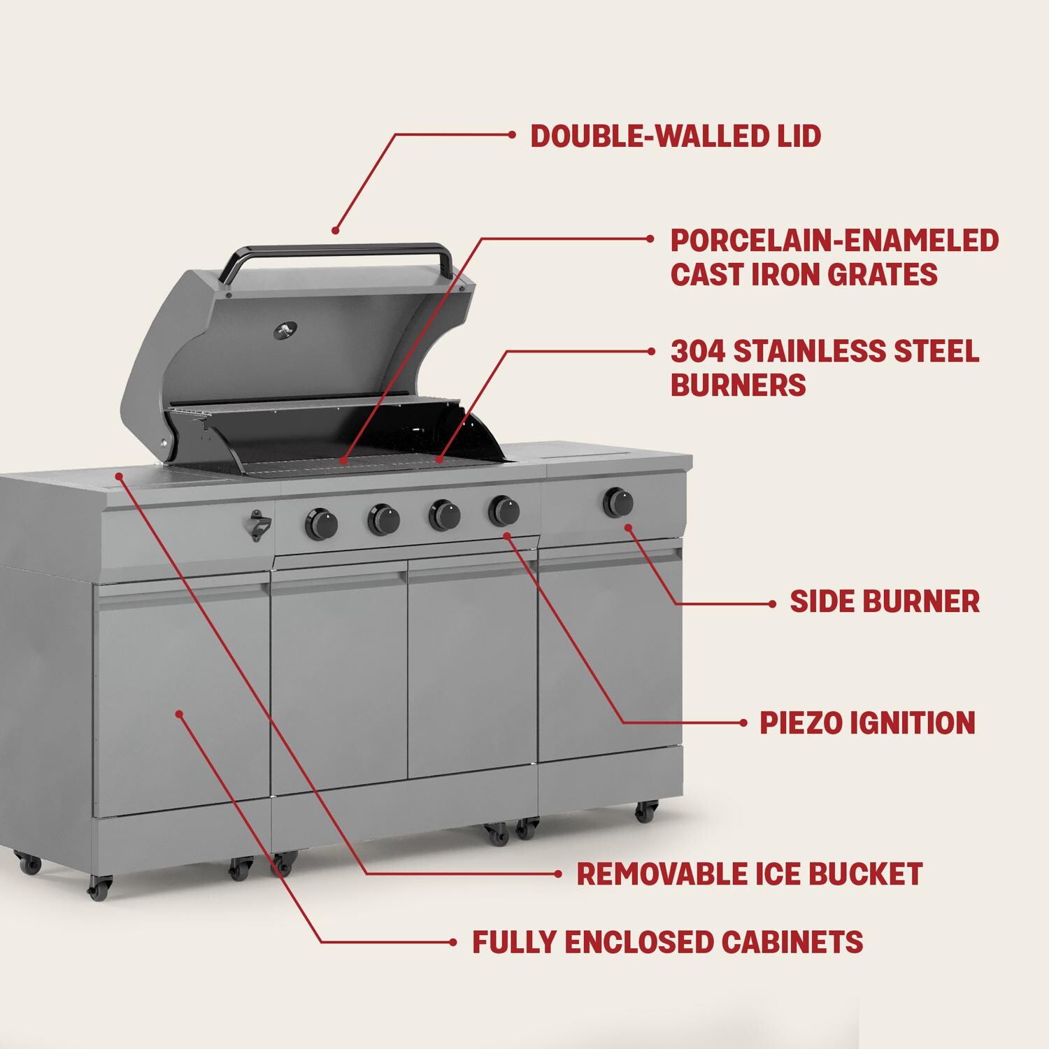 TYTUS TDT-021-0104 Fresno Series Gunmetal Gray & Ash Stacked Stone Propane Grill Island - Highlights - Detail thumbnail