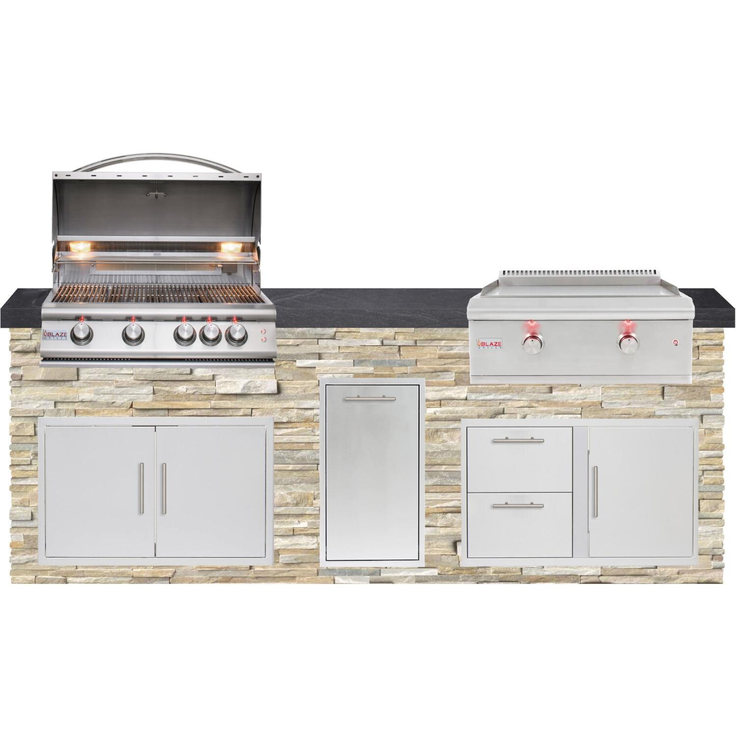 BBQGuys Signature 8ft Luxury Outdoor Island W/ Blaze Premium LTE 32-Inch Propane Grill & LTE 30-Inch Propane Griddle - Golden Honey Stone W/ Black Polished Granite