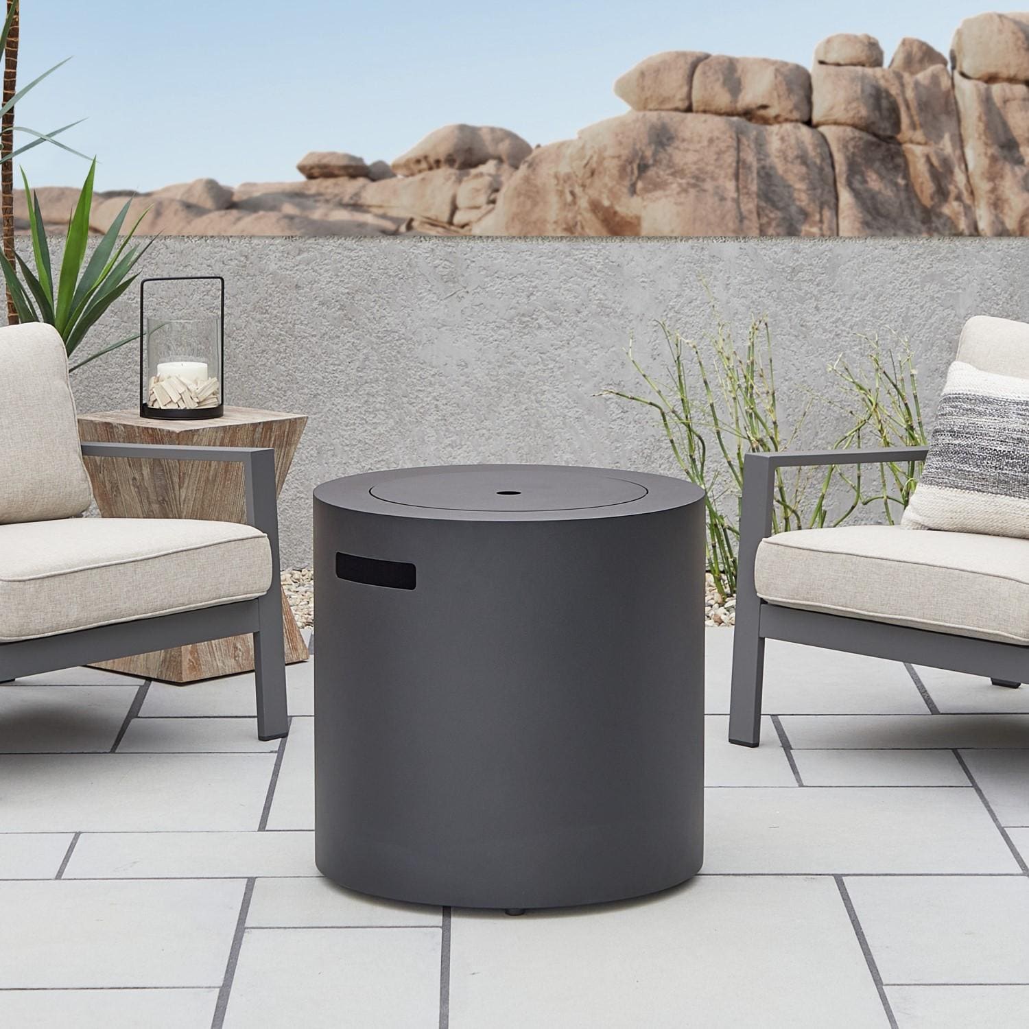 Elysian 24 Inch Round Steel Propane Fire Pit Table in Black by Lakeview - Lid - Lifestyle thumbnail