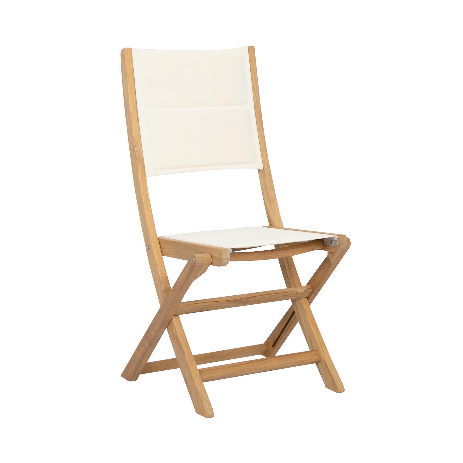 Sunset West Huntington Teak Foldable Armless Patio Sling Dining Chair W/ Padded Phifertex Frost Sling image