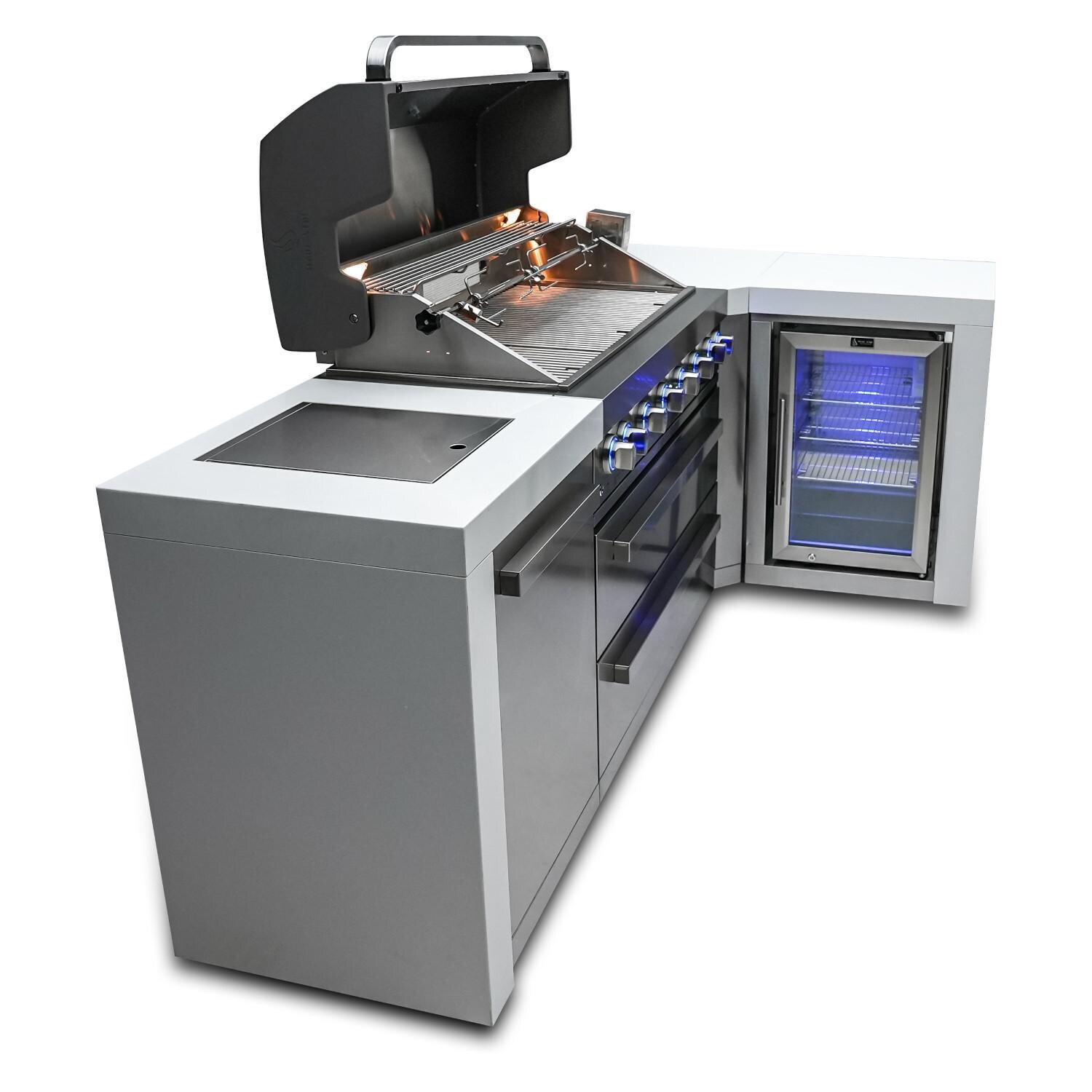 Mont Alpi - MAi805-D90FC - Deluxe 90 Degree Propane Gas Island Grill W/ Refrigerator Cabinet, Infrared Side Burner, & Rotisserie Kit - Open From Left - White Background thumbnail