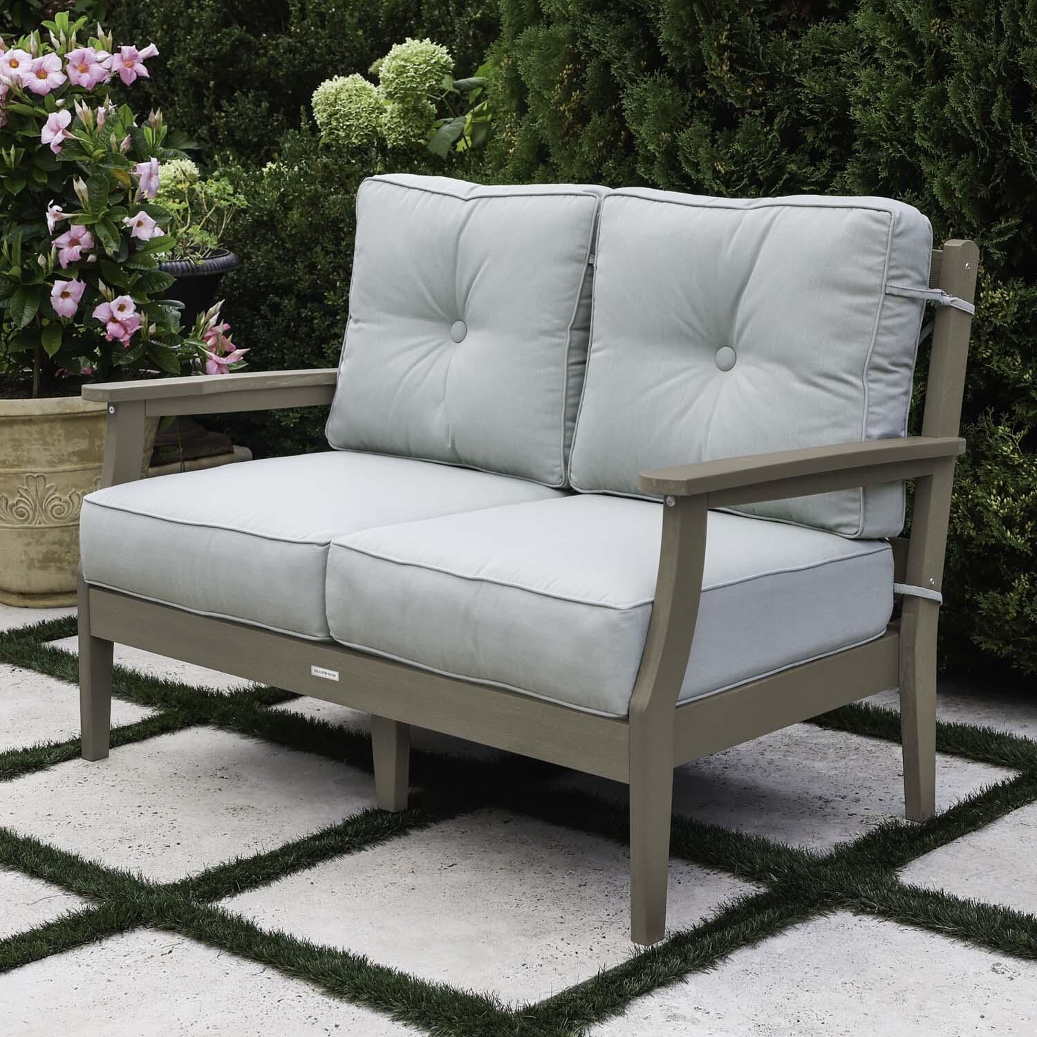Blushing Bay 2 Person Recycled Plastic Loveseat in Canvas Seasalt/Woodland Brown by Lakeview Outdoor Designs - Right Angled - Lifestyle thumbnail