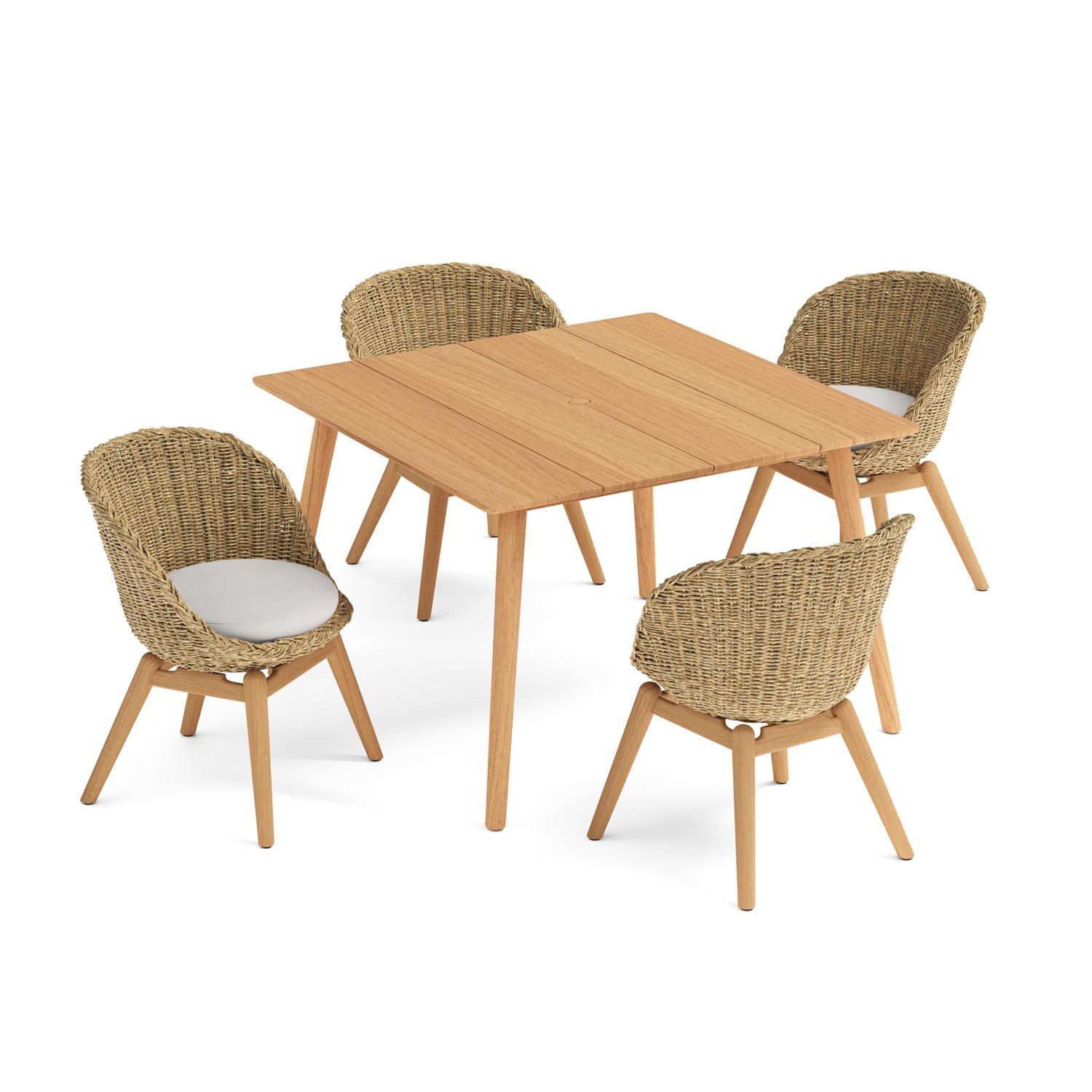 Oxford Garden Tulle 5 Pc Wicker & Natural Teak Dining Set W/ 45 In Square Table in Flax/Bliss Linen - Top View thumbnail