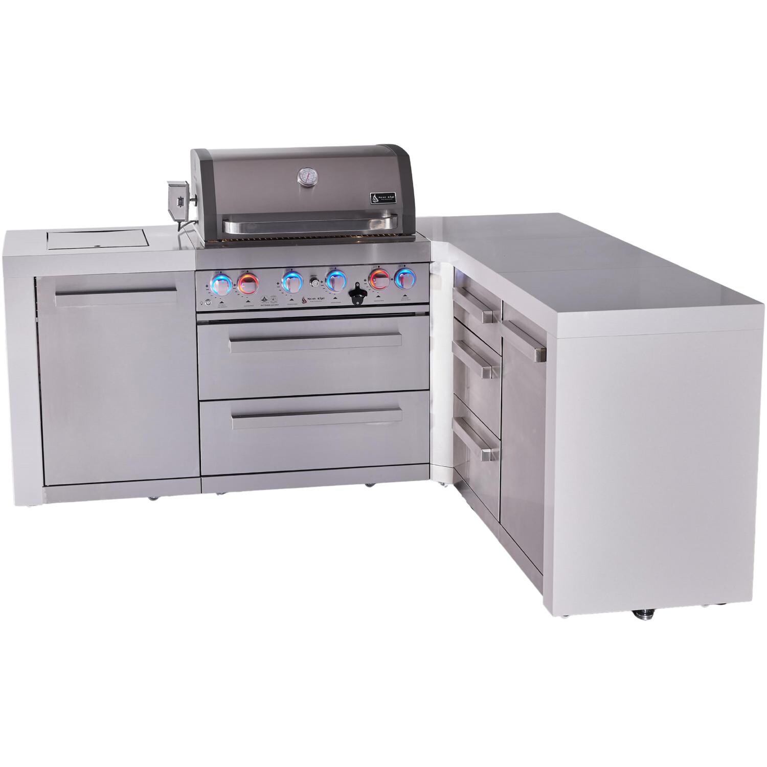 Mont Alpi Deluxe Series 7 Ft L-Shaped Natural Gas Outdoor Kitchen Island w/ 32-in Grill, Side Burner & Triple Drawer (Ships Propane w/ Conversion Kit) - Island - White Background thumbnail