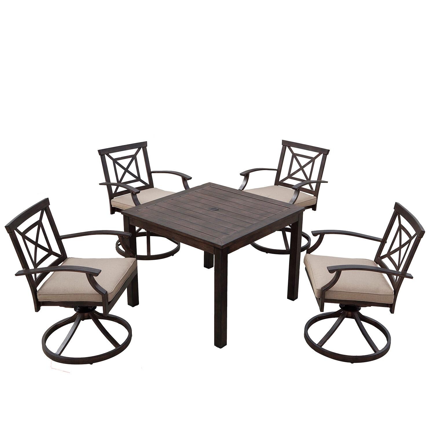 Atlantis 5 Pc Aluminum Dining Set w/ Swivel Rockers and Beige Cushions in Walnut By Darlee - White Background thumbnail