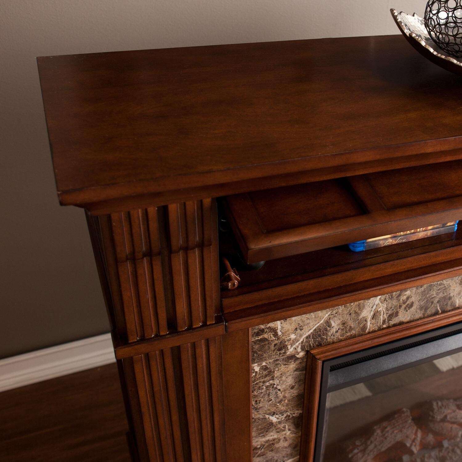 Southern Enterprises Highgate 48-Inch Electric Fireplace Mantel W/ Infrared Heater - Whiskey Maple W/ Chocolate Brown Faux Granite - FI9321 - Mantel Detail thumbnail