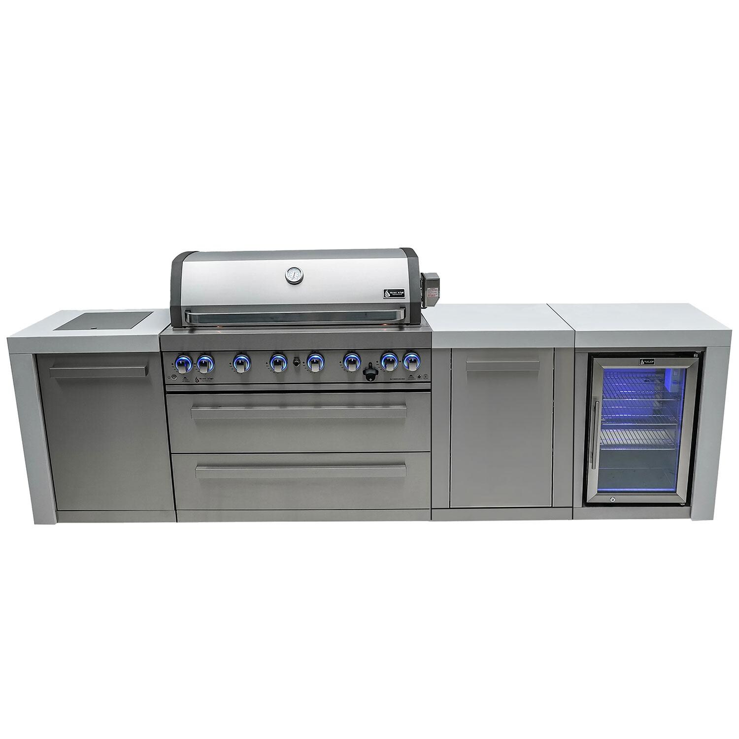 Mont Alpi Deluxe Series 10 Ft Natural Gas Outdoor Kitchen Island w/ Side Burner & Refrigerator - Display - White Background thumbnail