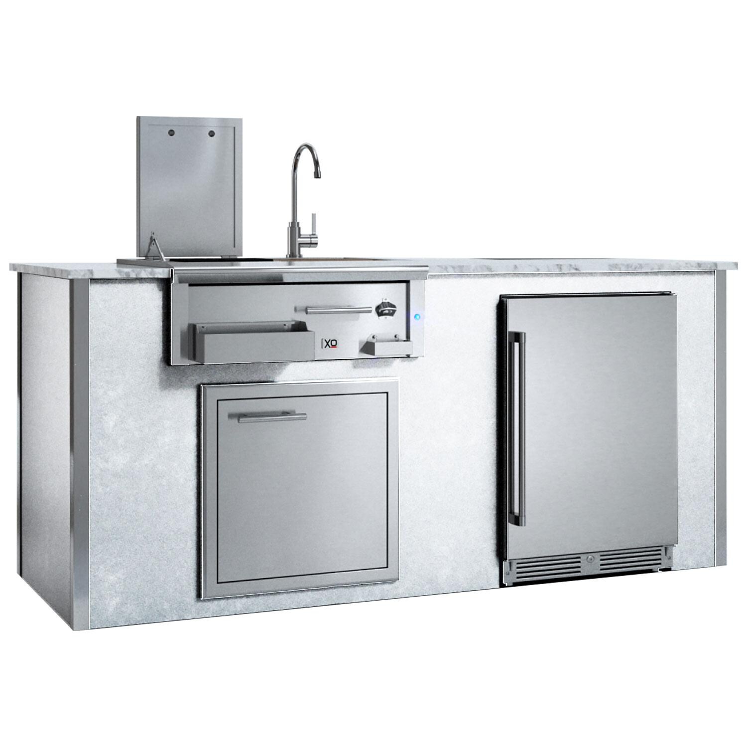 XO Designer 7 Ft Outdoor Kitchen Island w/ Cocktail Pro Station, Single Door, & Outdoor Refrigerator in White