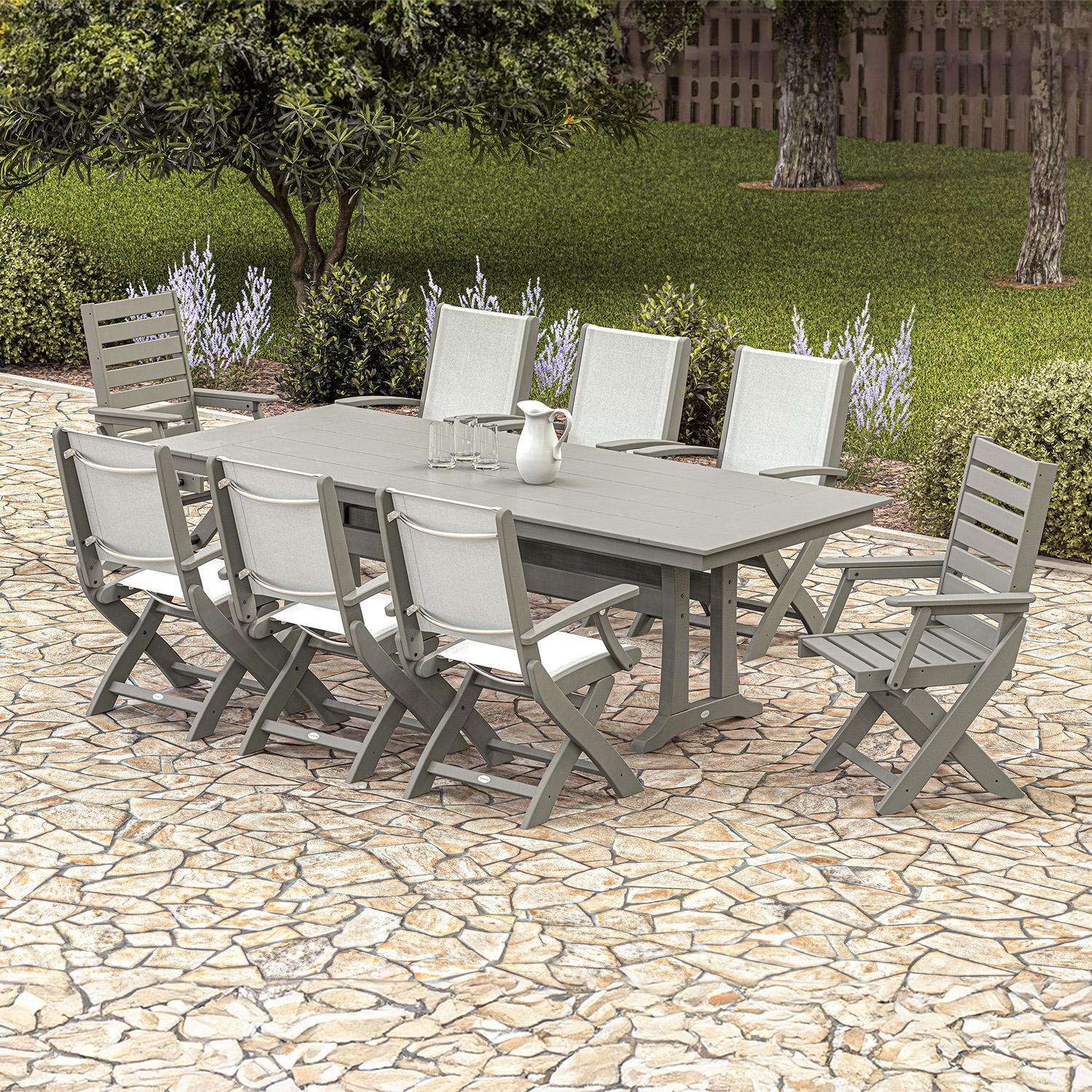 POLYWOOD PWS2534-1-BL921 Creekside Polywood 9-Piece Farmhouse Dining Set Birch Sling Chairs in Black - Set - Shown in Different Finish - Lifestyle