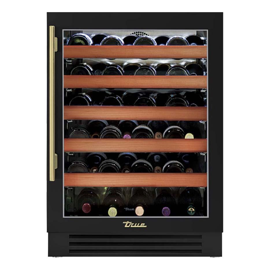 True TWC-24-R-OG-C~DSK-027-H01 24 Inch 45 Bottle Right Hinge Glass Door Outdoor Outdoor Wine Cabinet - Matte Black w/ Brass Handle - White Background thumbnail