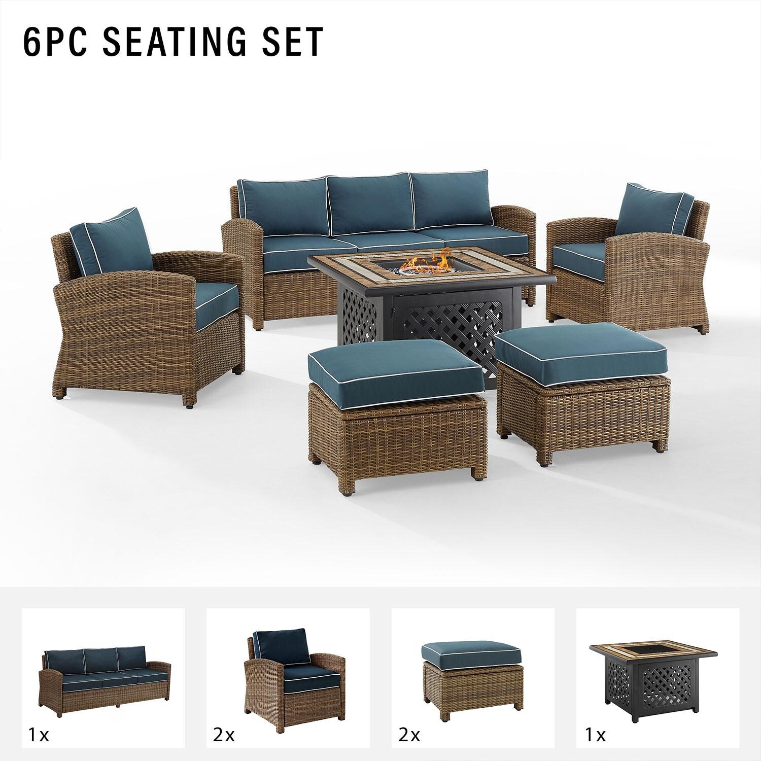 Ultimate Patio UP-92417WB-NV 6Pc Wicker Outdoor Sofa Set in Navy - Included in Set (Sofa, Two Club Chairs, Two Ottomans, & Fire Table) - Diagram thumbnail