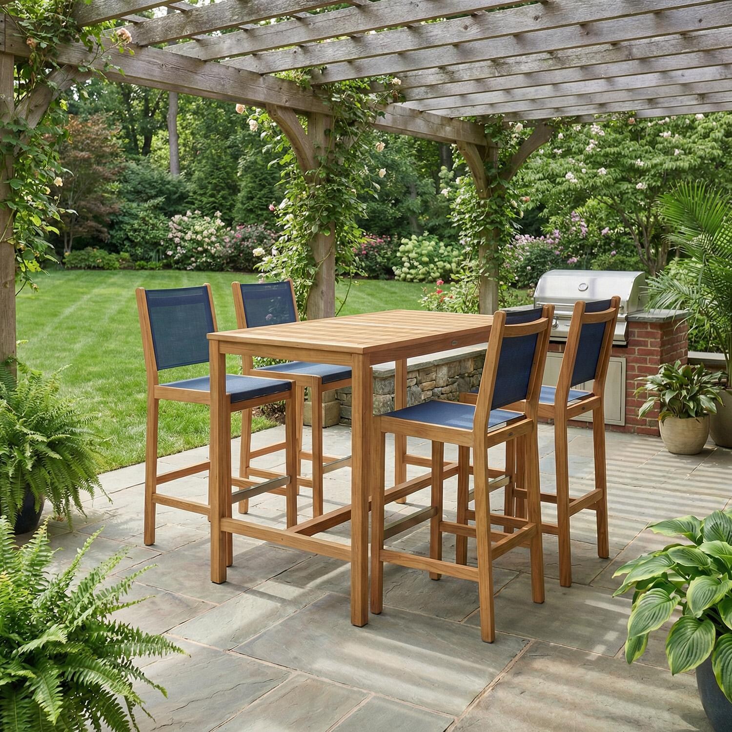 Royal Teak Collection BARNS Legacy Teak Sling Bar Stool in Navy - Shown as Set - Lifestyle thumbnail
