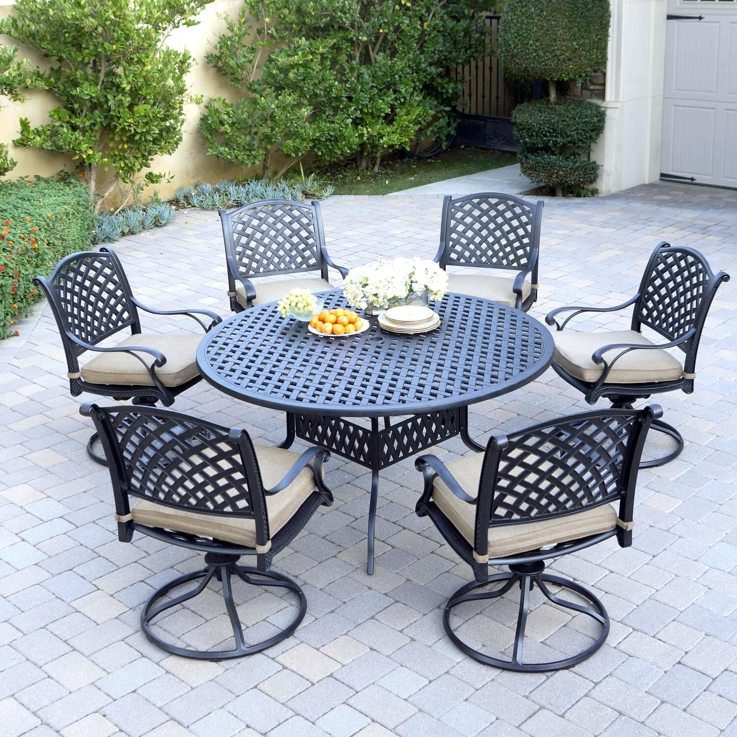 Darlee B/DL13-7PCAR-30D-S Nassau 7 Pc Cast Aluminum Dining Set w/ Rocker in Antique Bronze w/ Beige Canvas Cushions - Set - Lifestyle thumbnail