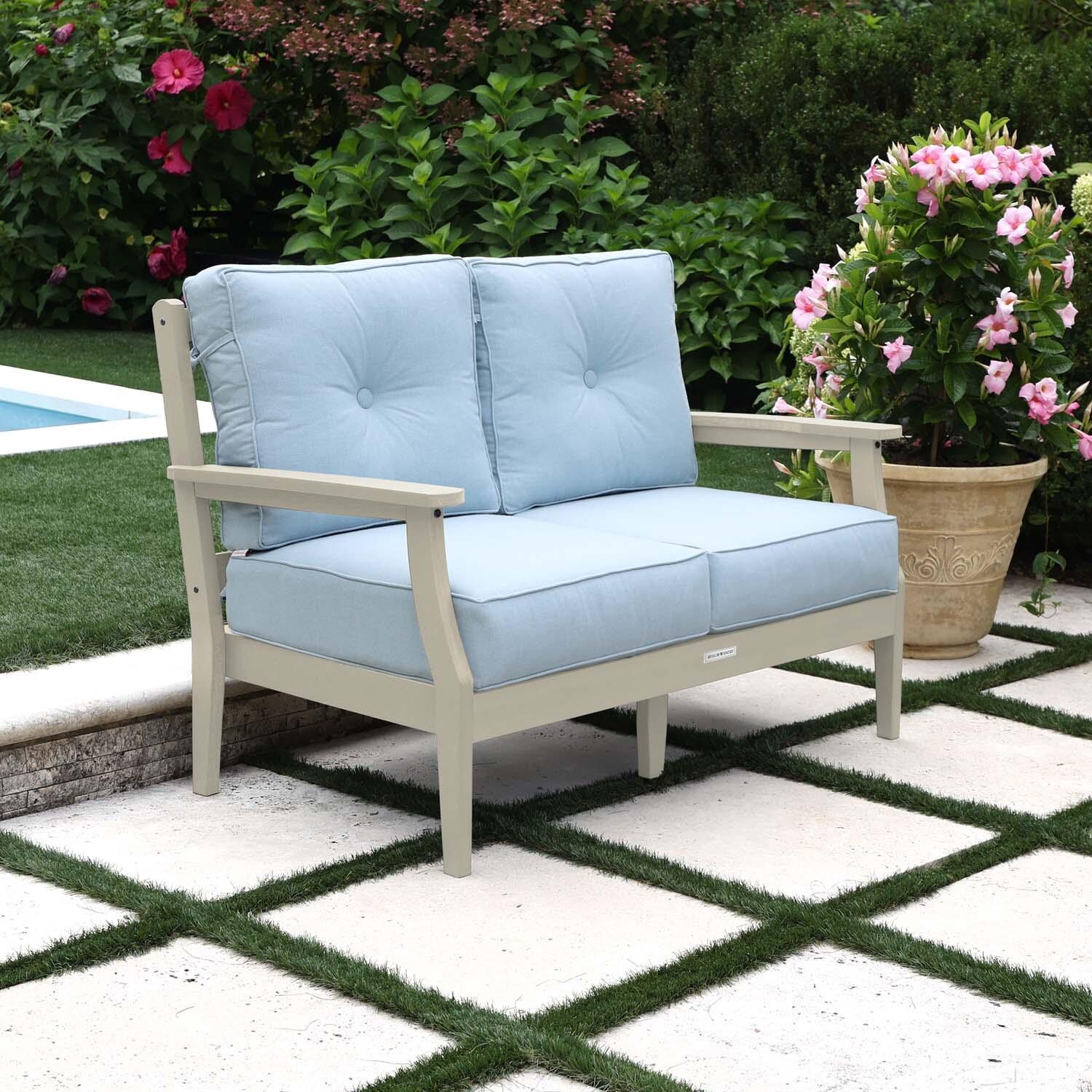Blushing Bay 2 Person Recycled Plastic Loveseat in Bliss Dew/Whitewash by Lakeview Outdoor Designs - Left Angled - Lifestyle thumbnail