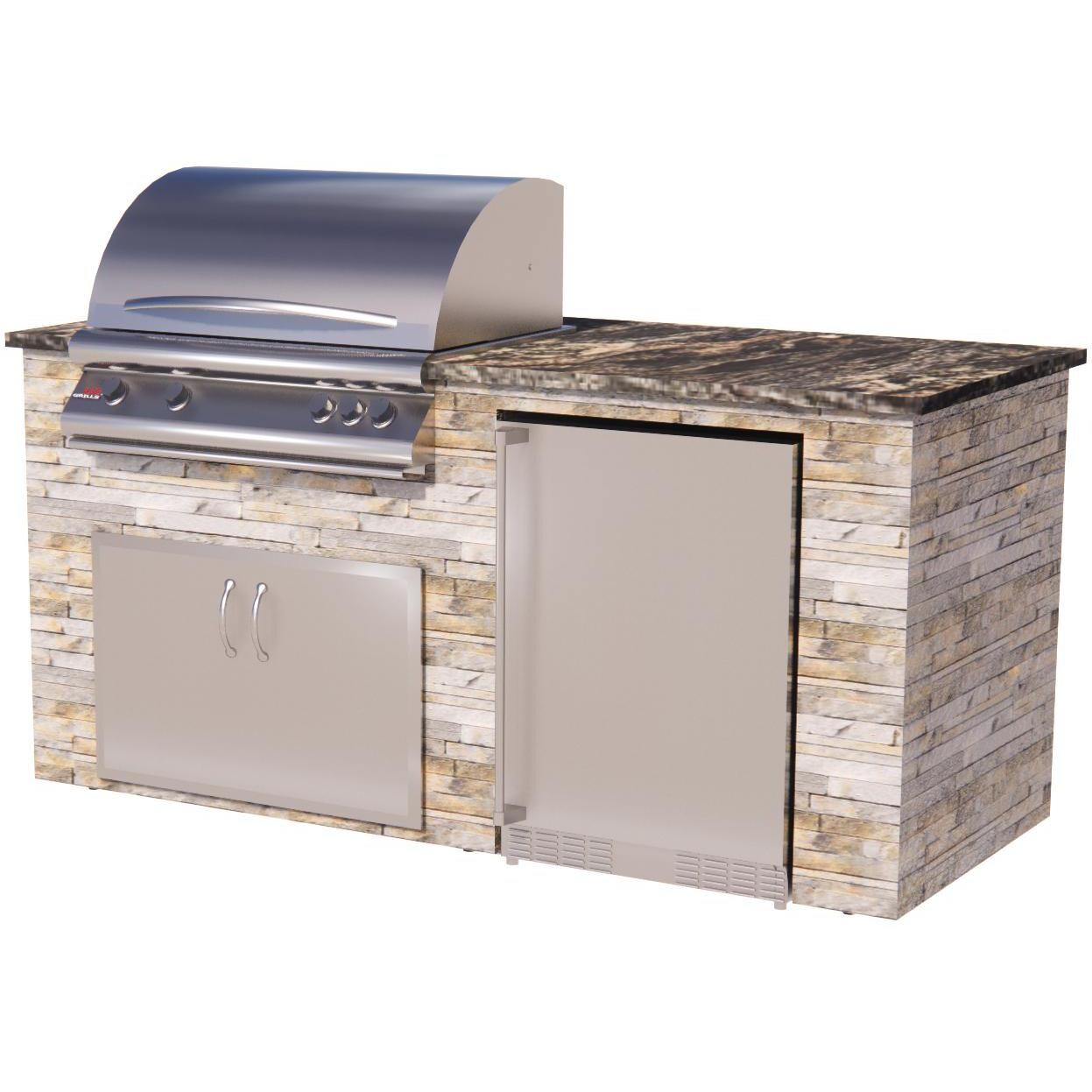 BBQGuys Signature 6-Foot Finished Island Kitchen W/ Blaze Premium LTE 32-Inch Propane Gas Grill & Outdoor Rated Refrigerator - Sierra Sandstone W/ Tiramisu Granite - Angled View thumbnail
