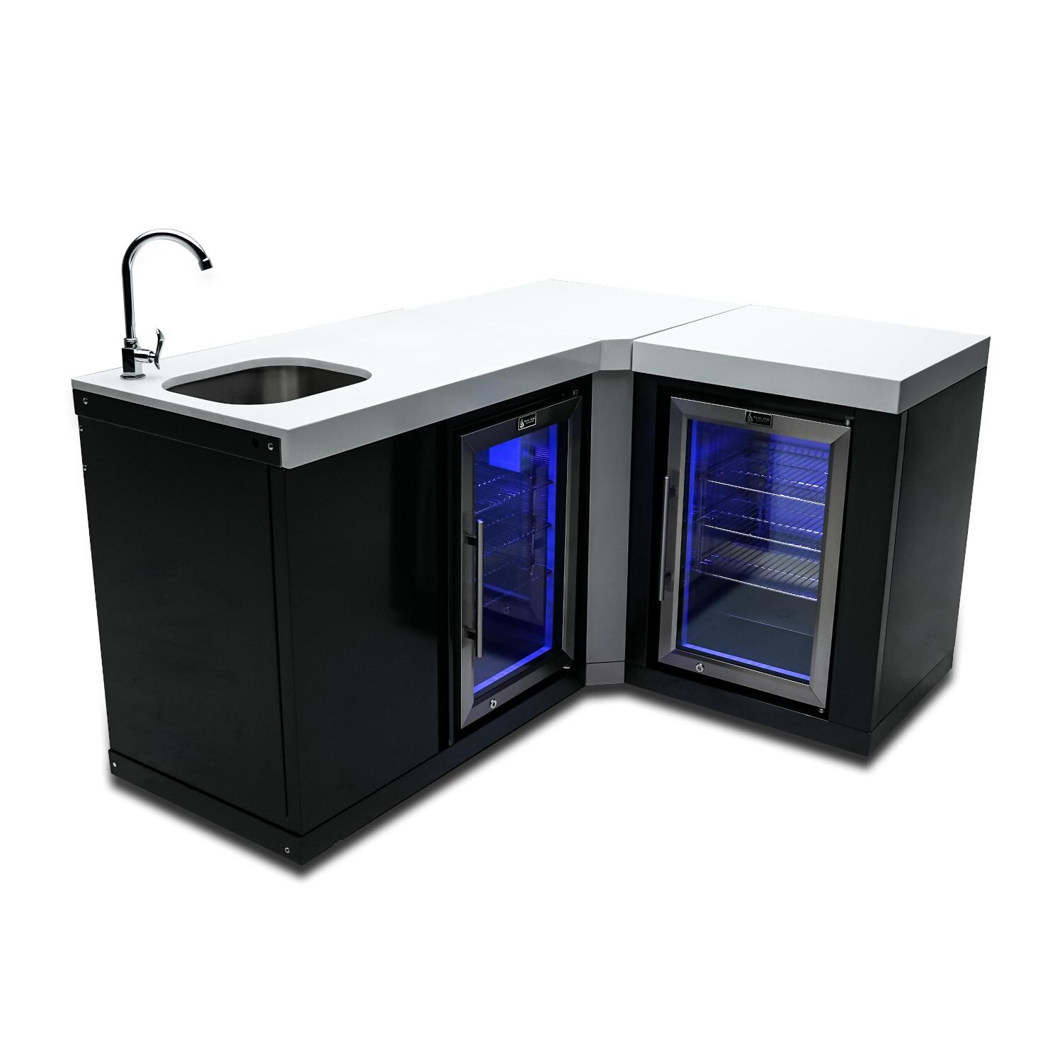 Mont Alpi Beverage Center W/ 90 Degree Corner & Fridge Cabinet - Black Stainless Steel - MA-BEVBSS90FC