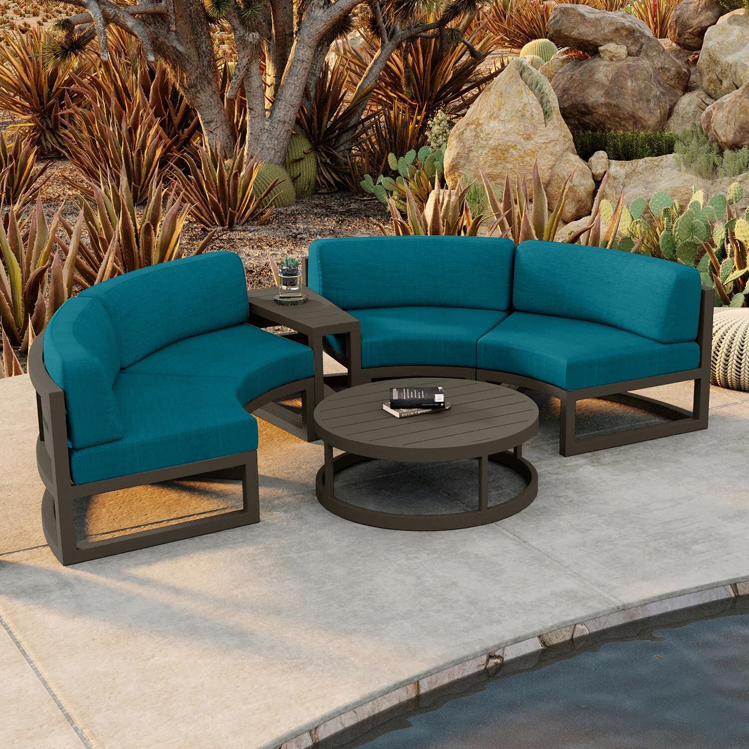 Misty Cove 4 Piece Curve Sectional Set in Slate w/Coffee Table & Spectrum Peacock Cushions by Lakeview - By Pool - Lifestyle thumbnail