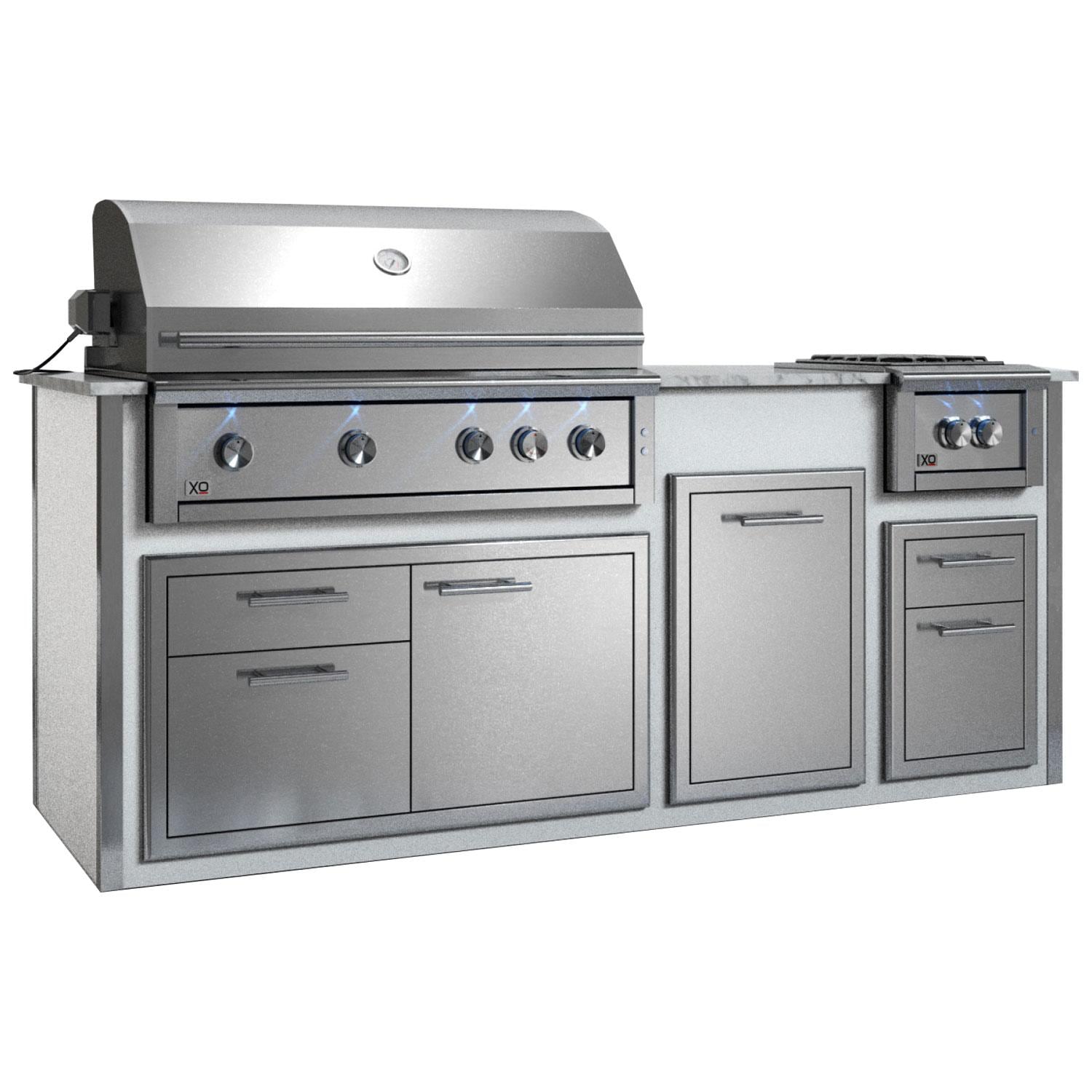 XO Designer 7 1/2 Ft Outdoor Kitchen Island w/ 42-in Natural Gas Pro-Grade Grill, Power Burner, Door & Drawer, Trash Drawer, & Double Drawer in White