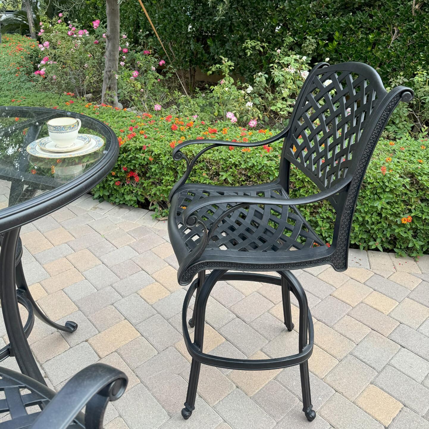 Darlee B/DL13-5PC-50F-S Nassau 5 Pc Cast Aluminum Bar Set in Antique Bronze w/ Sesame Cushions - Chair Angle - Lifestyle thumbnail