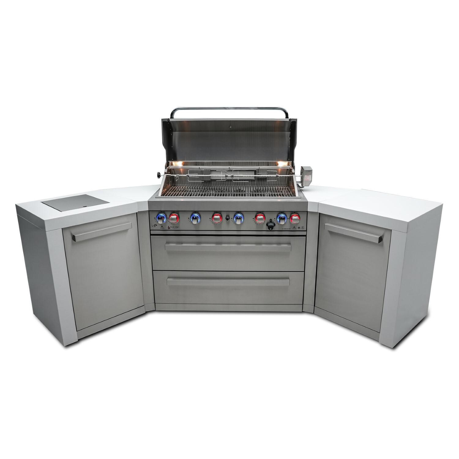 Mont Alpi - MAi805-D45 - Deluxe 45 Degree Propane Gas Island Grill W/ Infrared Side Burner & Rotisserie Kit - Open With Burners On Front - White Background thumbnail