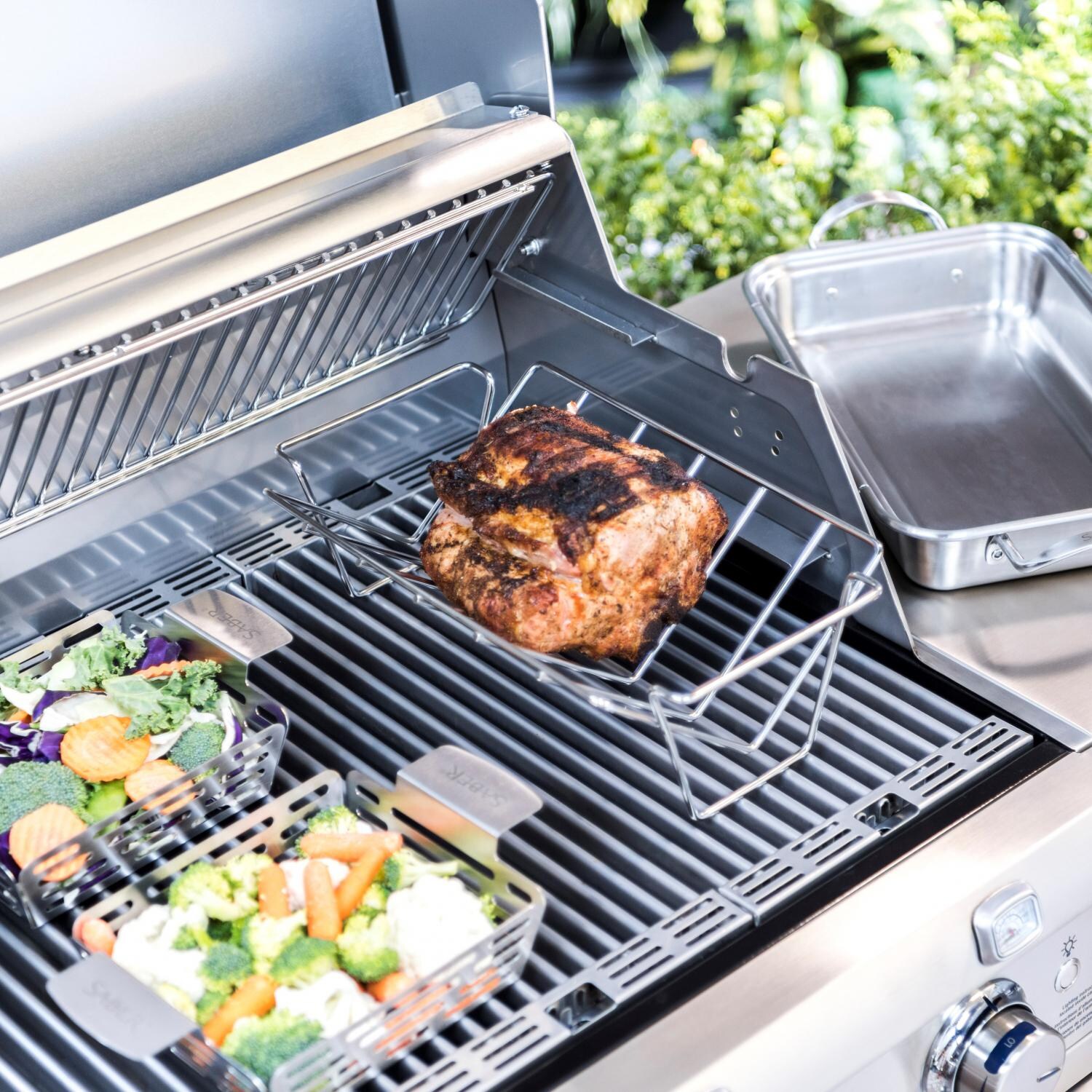 Saber EZ Grilling System Set With Two Veggie Baskets, Roast Rib Rack, And Roasting Pan On Grill thumbnail