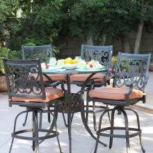 St. Cruz 5 Piece Cast Aluminum Patio Bar Set W/ 42 Inch Round Table & Spicy Chili Cushions By Darlee image