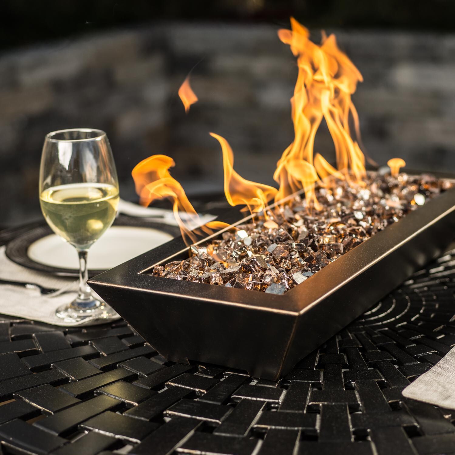 BBQGuys Signature Series Westfalen 18-Inch Table-Top Propane Fire Pit - Oil Rubbed Bronze - Angled - Shown with 1/2 inch Roman Bronze Reflective Fire Glass (Sold Separately) thumbnail