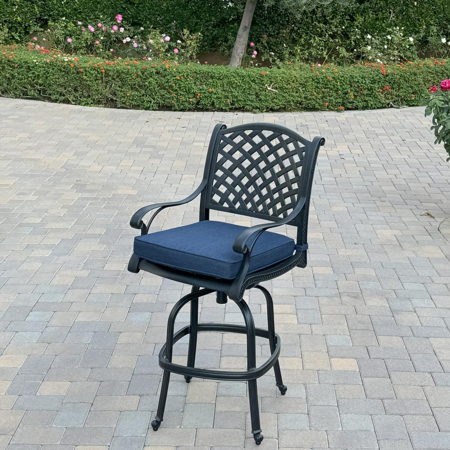 Darlee B/DL13-5PC-50F-N Nassau 5 Pc Cast Aluminum Bar Set in Antique Bronze w/ Navy Cushions - Chair Angle - Lifestyle thumbnail