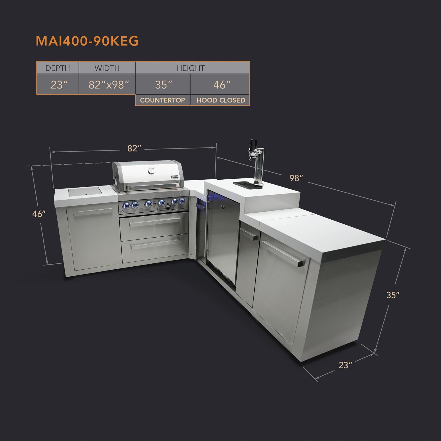 Mont Alpi Original Series 7 Ft L-Shaped Natural Gas Outdoor Kitchen Island w/ Side Burner & Kegerator (Ships Propane w/ Conversion Kit) - Dimensions - Dimensional thumbnail