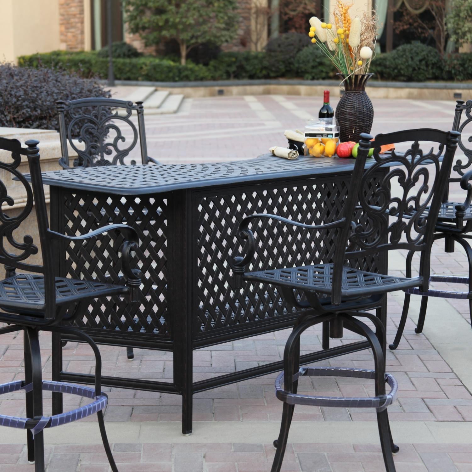 Santa Barbara 5 Pc Cast Aluminum Bar Set w/ 82 X 30 Inch Series 60 Party Bar in Antique Bronze/Beige Canvas by Darlee