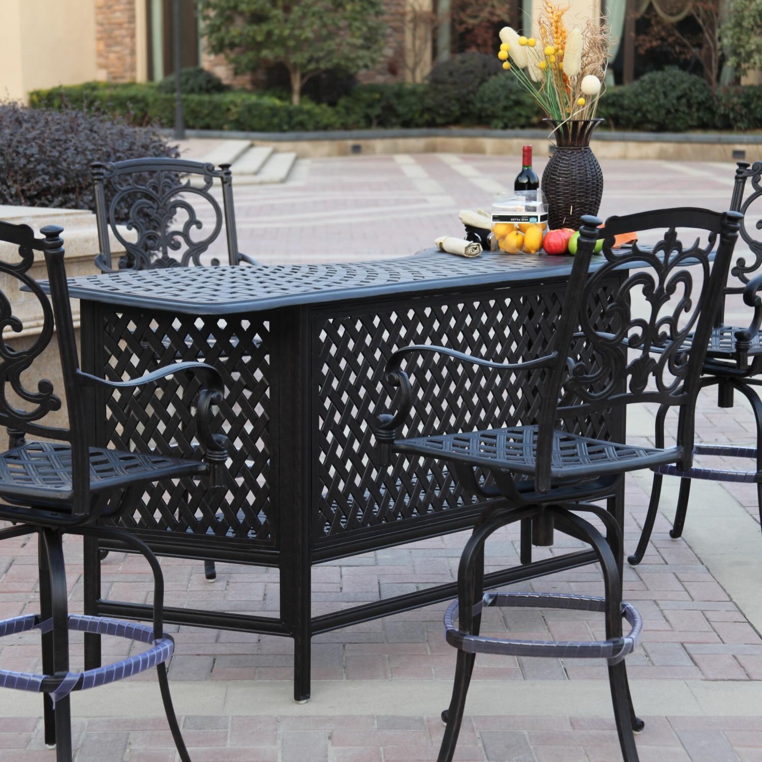Santa Barbara 5 Pc Cast Aluminum Bar Set w/ 82 X 30 Inch Series 60 Party Bar in Antique Bronze/Beige Canvas by Darlee