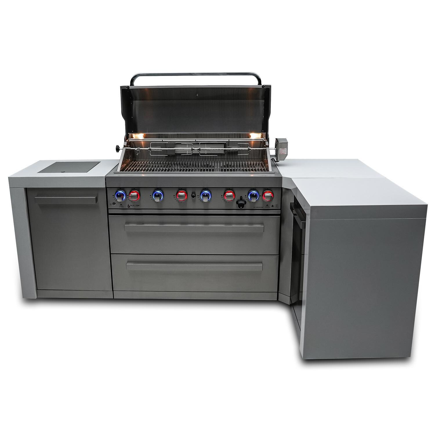 Mont Alpi MAi805-D90C Deluxe 90 Degree Natural Gas Island Grill W/ Infrared Side Burner & Rotisserie Kit - Front View - Grill Open - White Background thumbnail