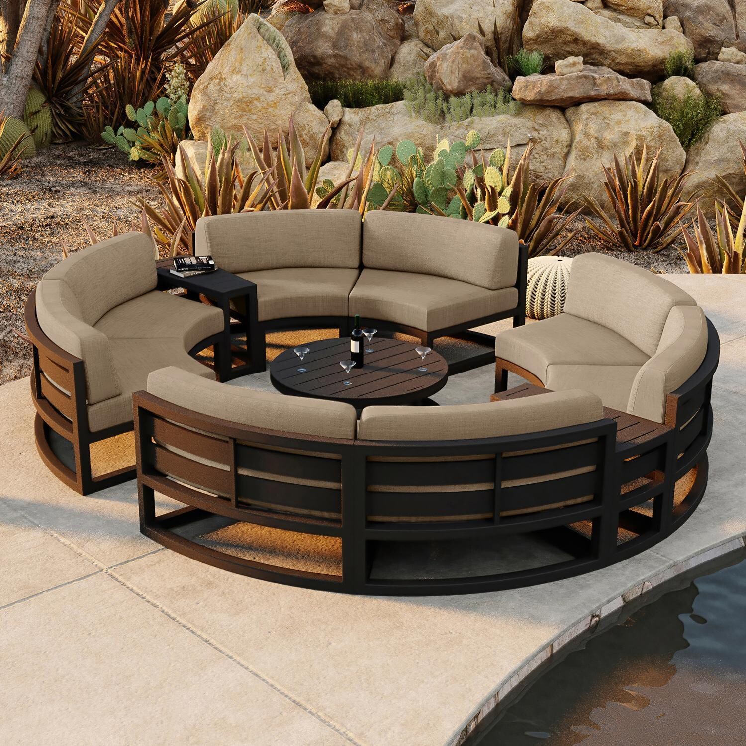 Misty Cove 7 Pc Aluminum Seating Set - Curved Sectional in Black/Heather Beige by Lakeview Outdoor Designs