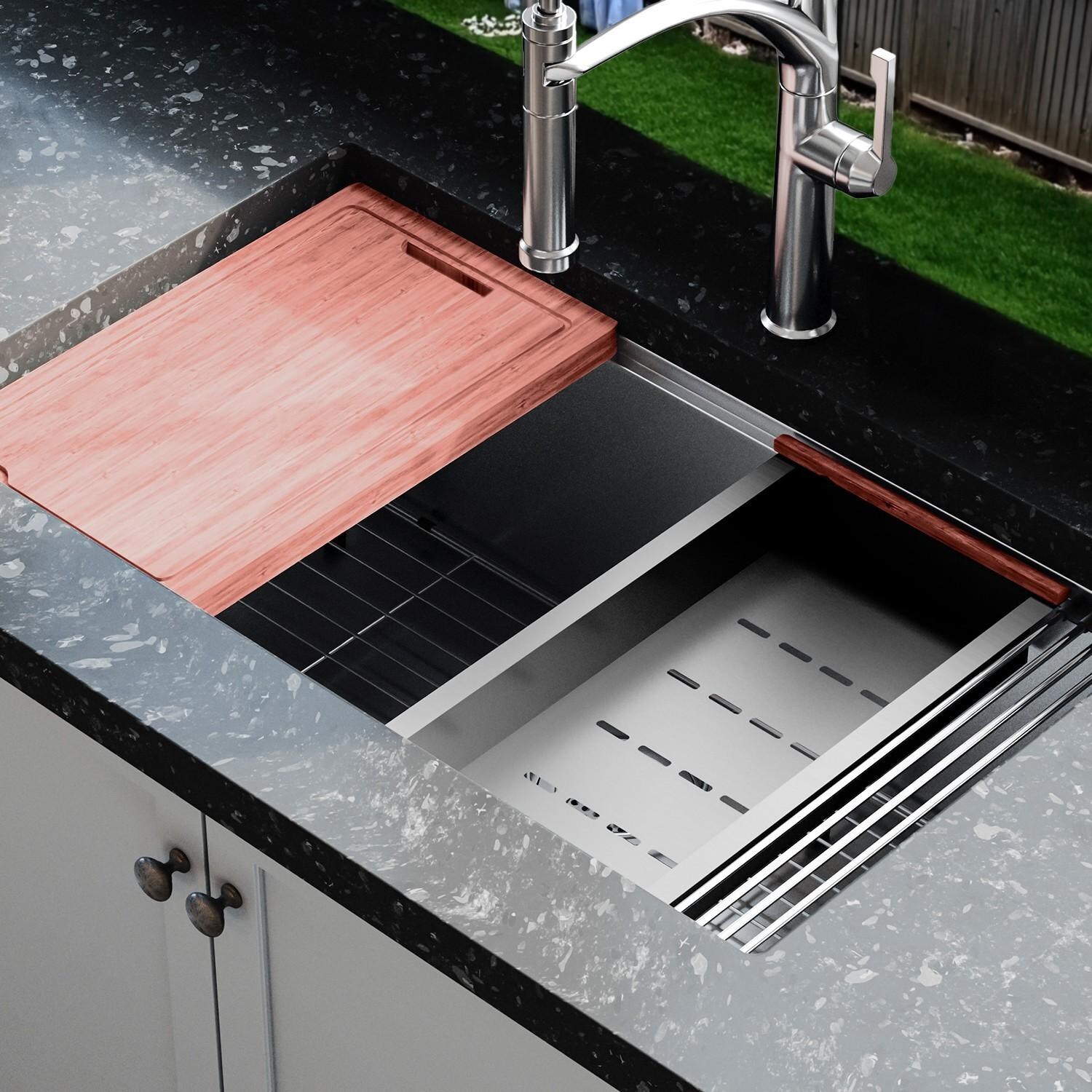 BBQGuys Signature Undermount Stainless Steel Kitchen 30-Inch Workstation Sink W/Grid, Strainer, and 3 Accessories - Lifestyle thumbnail