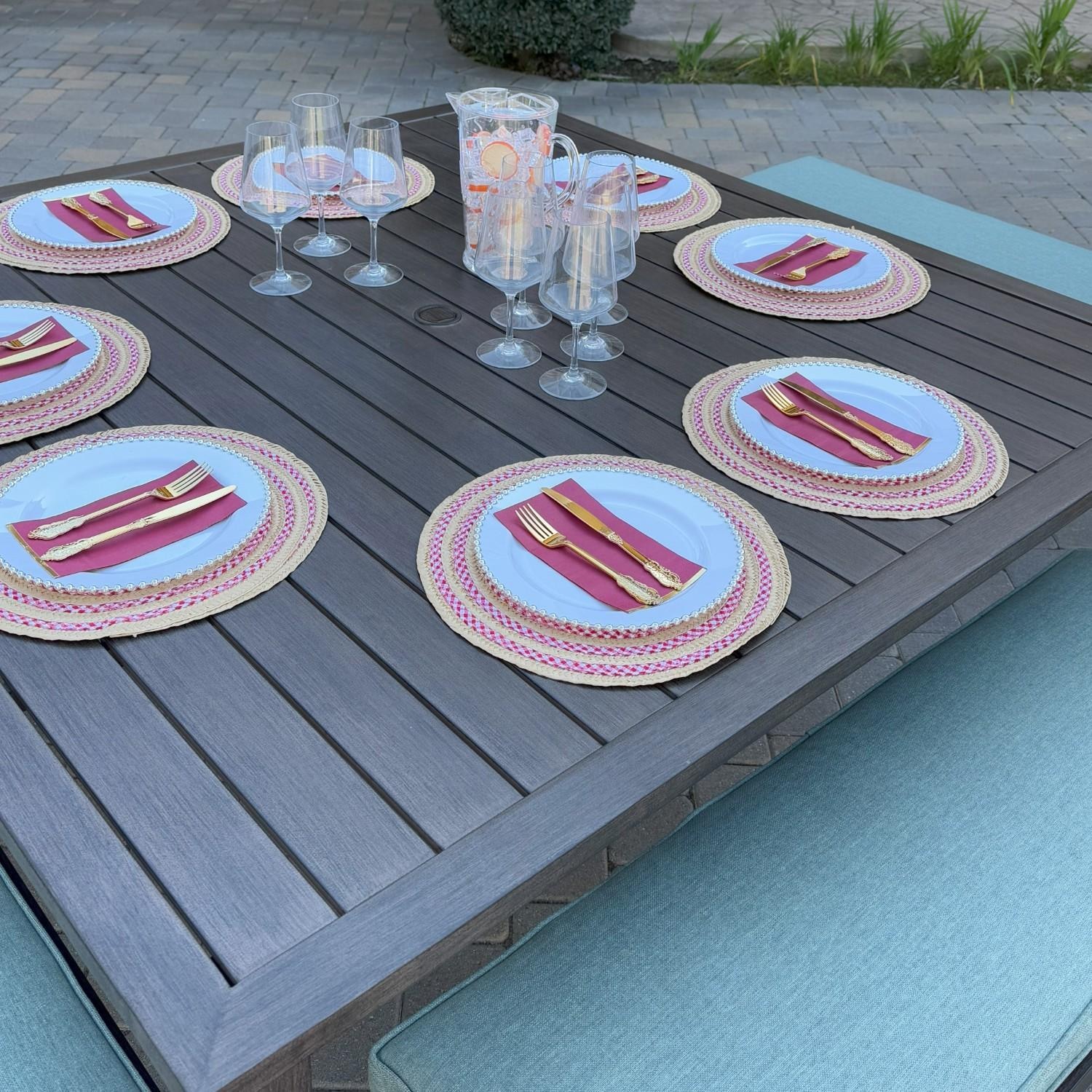 Atlantis 5 Pc Aluminum Dining Set w/ 4 Two Person Benches in Walnut/Spa by Darlee - Table Top - Lifestyle thumbnail