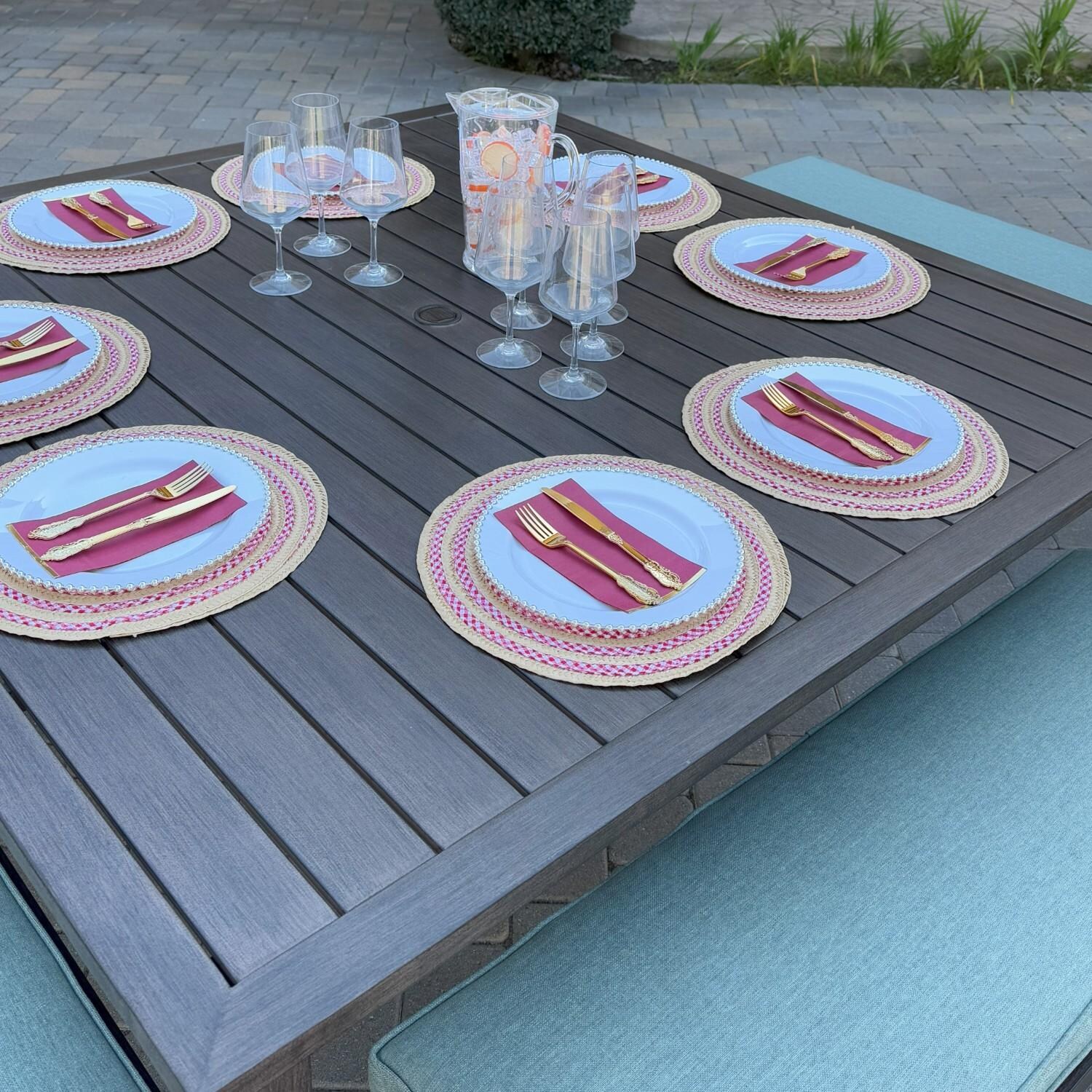 Atlantis 5 Pc Aluminum Dining Set w/ 4 Two Person Benches in Walnut/Spa by Darlee - Table Top - Lifestyle thumbnail