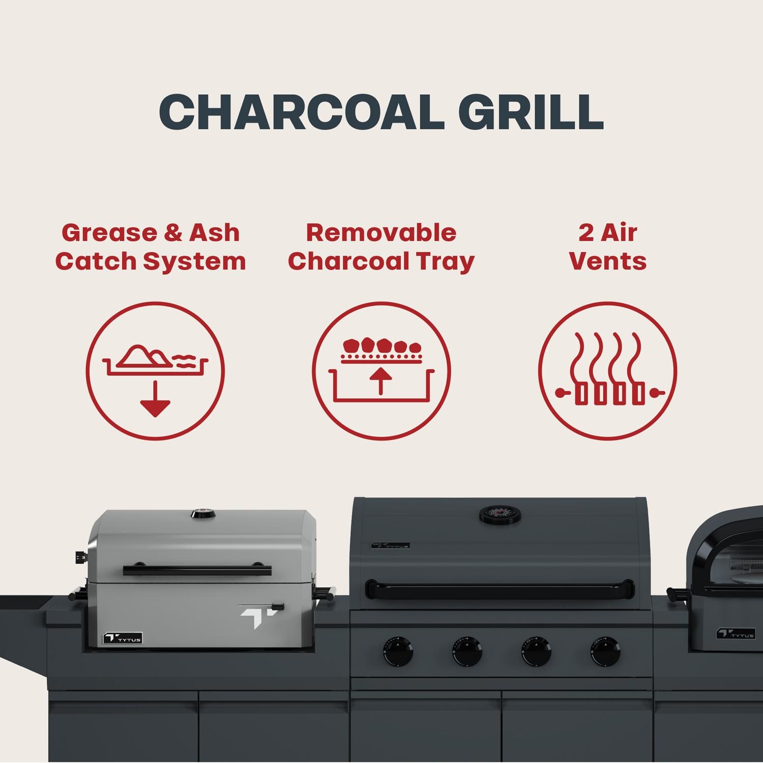 TYTUS TDT-BUN-065 Modular Trio w/ 4-Burner Gas Grill, Charcoal Grill & Gas Pizza Oven - Charcoal Grill Features 2 - Detail thumbnail