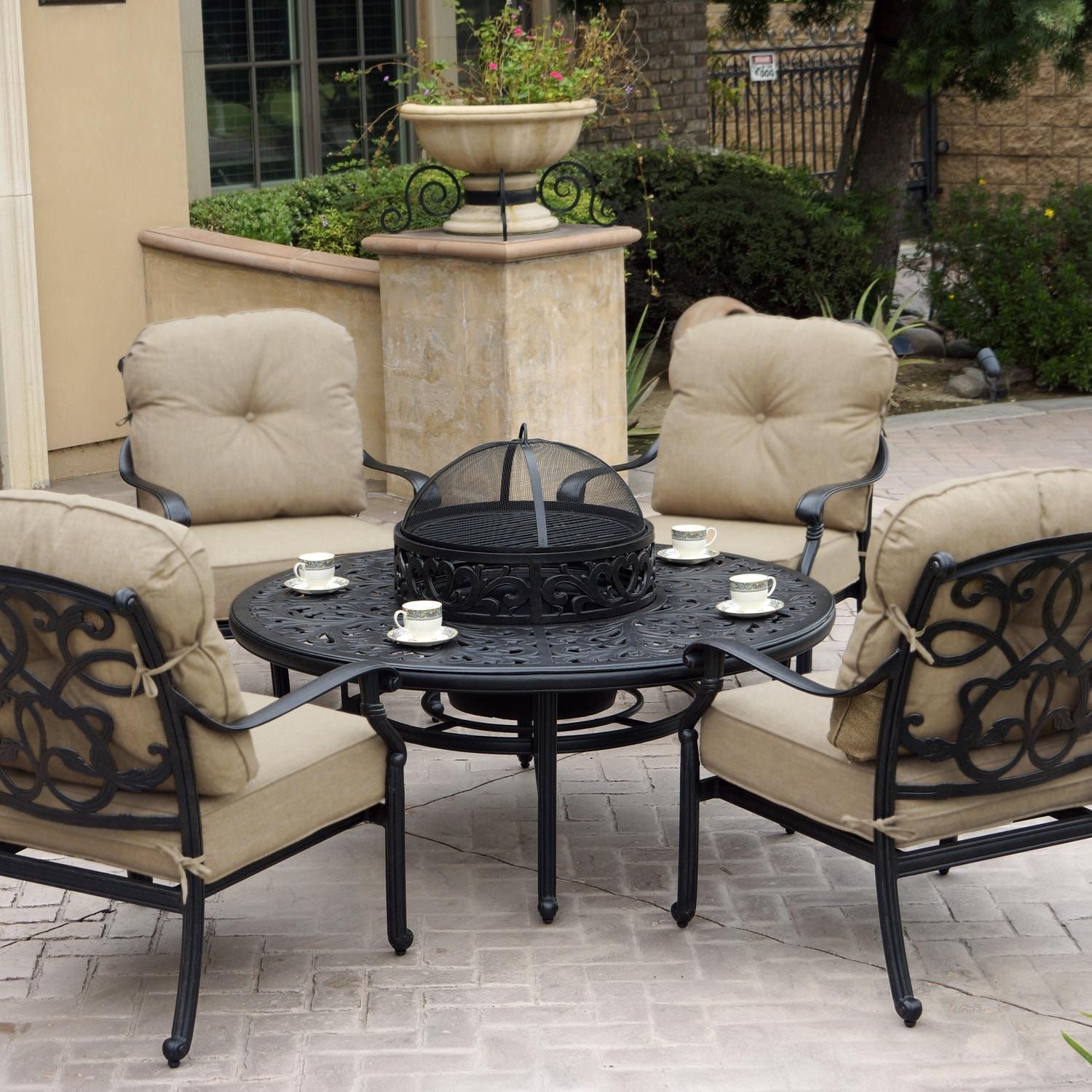 Darlee Santa Monica 5 Pc Cast Aluminum Fire Pit Seating Set w/ 52 Inch Series 80 Table & Ice Bucket Insert in Antique Bronze/Beige Canvas by
