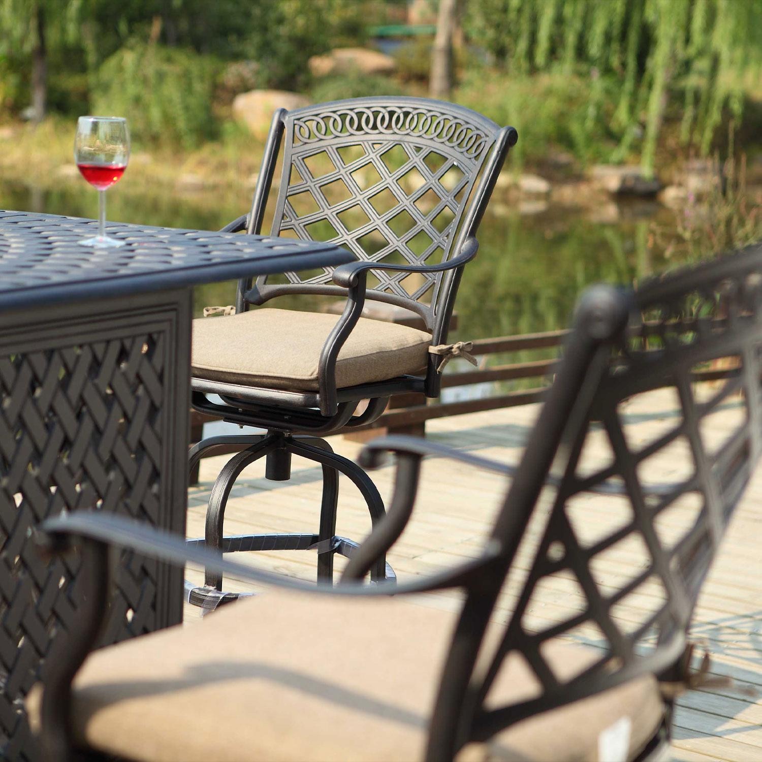 Darlee 201030-7-4 Sedona 4 Piece Cast Aluminum Patio Swivel Bar Stool Set W/ Beige Canvas Cushions  thumbnail