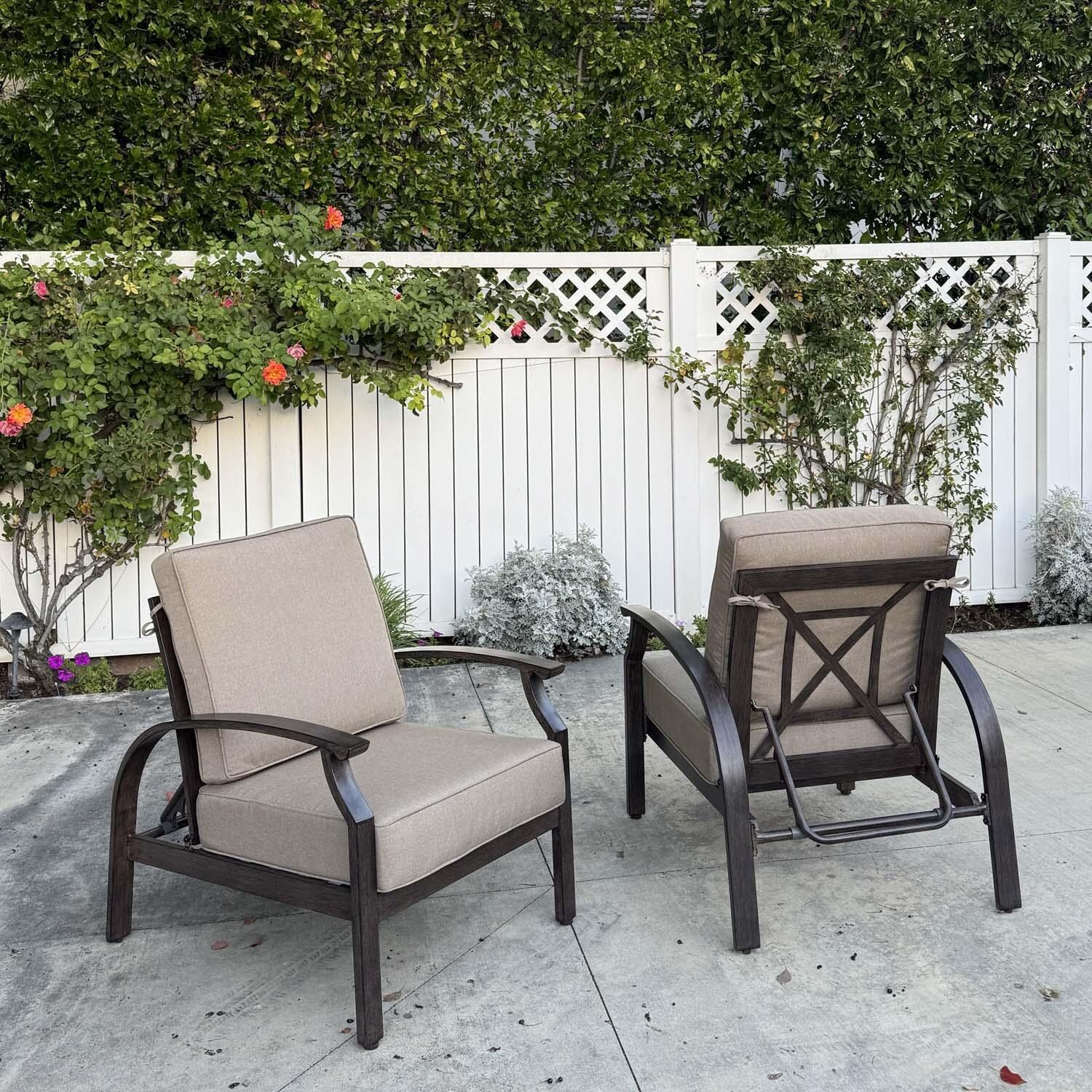 Atlantis 4 Pc Aluminum Seating Set w/ Round Ice Bucket Chat Table in Walnut/Beige by Darlee - Chairs - Lifestyle thumbnail